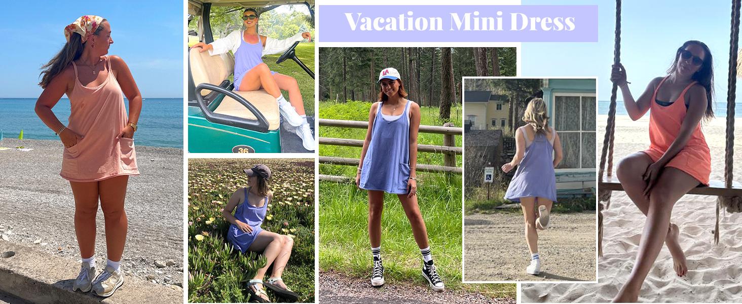 ⚡Hot Sales 49% OFF🔥 Women's Summer Sleeveless Mini Dress with Built-in Shorts V Neck Spaghetti Straps Athletic Shorts Tennis Dress with Pockets