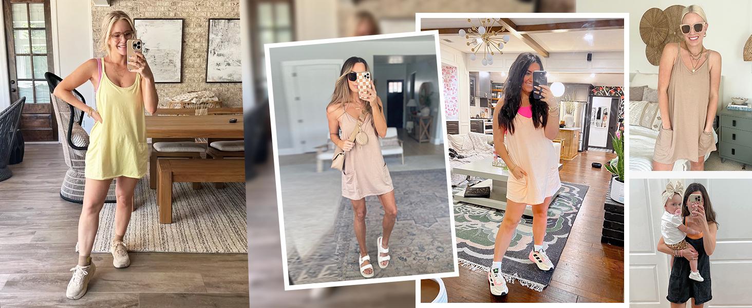 ⚡Hot Sales 49% OFF🔥 Women's Summer Sleeveless Mini Dress with Built-in Shorts V Neck Spaghetti Straps Athletic Shorts Tennis Dress with Pockets